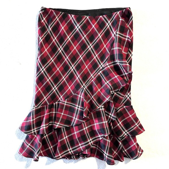 Ralph Lauren Small S Red Tartan Plaid Side Wrap‎ Ruffled Hem Skirt - Picture 1 of 7